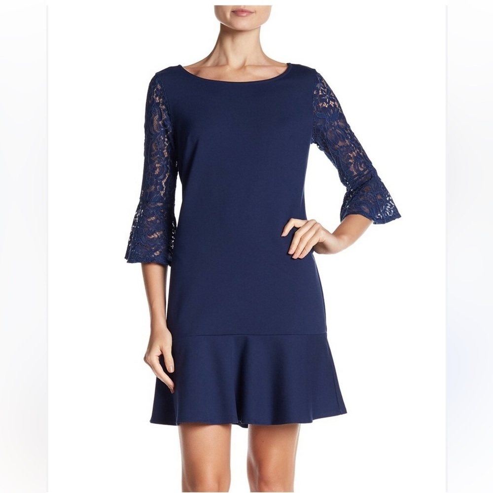 Laundry By Shelli Segal Dark Blue Dress with Lace Sleeves‎